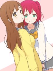 Rule 34 | 10s, 2girls, bad id, bad pixiv id, blush, bow, bowtie, brown eyes, brown hair, cardigan, commentary request, from behind, green eyes, icehotmilktea, kunikida hanamaru, kurosawa ruby, long hair, long sleeves, looking back, love live!, love live! sunshine!!, multiple girls, red hair, school uniform, serafuku, simple background, smile, triangle mouth, two side up, upper body, yellow bow, yellow bowtie