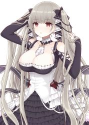 Rule 34 | 1girl, arm up, azur lane, between breasts, black dress, bow, breasts, brown eyes, cleavage, collarbone, detached collar, dress, earrings, formidable (azur lane), frilled dress, frills, grey hair, hair bow, hand up, highres, isao (wasamoti), jewelry, large breasts, long hair, long sleeves, looking at viewer, maid, nail polish, solo, twintails, upper body, very long hair