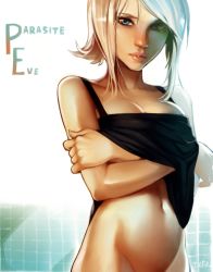 Rule 34 | 1girl, artist name, aya brea, bad id, bad tumblr id, blonde hair, blue eyes, bottomless, breasts, cleavage, copyright name, groin, looking at viewer, navel, no bra, no panties, optionaltypo, out-of-frame censoring, parasite eve, parted lips, solo, stomach, undressing, wall