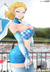 Rule 34 | 1girl, artist name, bandeau, blonde hair, blue eyes, braid, breasts, checkered clothes, elbow gloves, flag, flytrapxx, gloves, grin, hair ornament, hairclip, highres, holding, holding flag, large breasts, long hair, midriff, navel, nintendo, outdoors, patreon logo, patreon username, pointy ears, princess zelda, race queen, smile, strapless, the legend of zelda, thighhighs, tube top, white gloves, white thighhighs