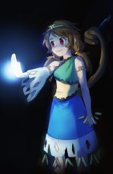 Rule 34 | 1girl, blue dress, brown hair, circlet, closed mouth, detached sleeves, dress, feet out of frame, green dress, highres, himuhino, long hair, low twintails, monkey tail, multicolored clothes, multicolored dress, red eyes, ruyi jingu bang, single detached sleeve, solo, son biten, tail, touhou, twintails, white sleeves, yellow dress