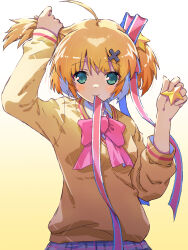 Rule 34 | 1girl, ahoge, akayama yukihe, aqua eyes, arm up, blonde hair, blush, bow, breasts, closed mouth, collared shirt, commentary, cowboy shot, eyelashes, eyes visible through hair, gradient background, grey skirt, hair between eyes, hair ornament, hair ribbon, hand in own hair, hand up, highres, kamikita komari, little busters!, long sleeves, looking at viewer, medium breasts, miniskirt, mouth hold, pink bow, pink ribbon, ribbon, ribbon in mouth, school uniform, shirt, short hair, simple background, skirt, smile, solo, spiked hair, standing, star (symbol), star hair ornament, straight-on, sweater, twintails, undressing, white background, white shirt, x hair ornament, yellow background, yellow sweater