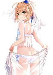 Rule 34 | 1girl, ahoge, alternate costume, artoria pendragon (all), artoria pendragon (fate), ass, bad id, bad pixiv id, bare arms, bare shoulders, blonde hair, blue ribbon, blush, breasts, bridal veil, butt crack, commentary, commission, fate/grand order, fate (series), from behind, green eyes, hair ribbon, looking at viewer, nao (okt8538), panties, ribbon, saber (fate), see-through, simple background, small breasts, smile, solo, thighs, underwear, veil, white background, white panties