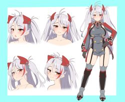 Rule 34 | 1girl, absurdres, antenna hair, azur lane, black gloves, blue background, blush, breasts, closed mouth, collarbone, commentary request, cropped torso, dress, garter straps, gloves, grey dress, grey hair, hair between eyes, hand on own hip, headgear, highres, large breasts, long hair, long sleeves, moyoron, multiple views, open mouth, orange eyes, parted bangs, prinz eugen (azur lane), puffy long sleeves, puffy sleeves, sleeves past wrists, smile, standing, thighhighs, two-tone background, two side up, very long hair, white background