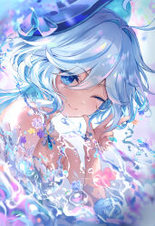 Rule 34 | 1girl, ;), absurdres, ahoge, alternate costume, bare shoulders, blue hair, blue hat, blurry, blurry background, breasts, cleavage, drop-shaped pupils, flower, furina (genshin impact), genshin impact, hat, head tilt, highres, light blue hair, long hair, looking at viewer, looking to the side, nekondx, one eye closed, small breasts, smile, solo, symbol-shaped pupils, top hat, upper body, v, water