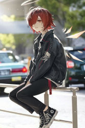 Rule 34 | 1girl, absurdres, arknights, bilibilida, black jacket, black pants, car, converse, exusiai (arknights), from side, full body, hair over one eye, halo, highres, jacket, looking at viewer, looking to the side, motor vehicle, outdoors, pants, parted lips, red eyes, red hair, shoelaces, shoes, short hair, sitting, sneakers, solo, tagme, wings