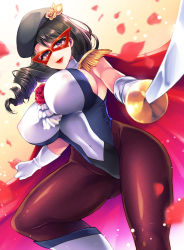Rule 34 | 1girl, absurdres, beret, black hair, black hat, boots, breasts, cape, covered navel, epaulettes, floating hair, flower, gloves, hat, highres, holding, holding sword, holding weapon, large breasts, leotard, long hair, mask, original, pantyhose, purple eyes, red cape, red flower, red rose, rose, shapiro, smile, solo, sword, weapon, white footwear, white gloves, white leotard