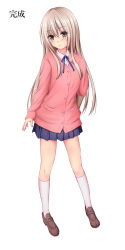 Rule 34 | 1girl, arm up, blue skirt, brown eyes, brown hair, cardigan, commentary request, hand on own chest, highres, kansyasai, kneehighs, long hair, original, pink cardigan, shirt, shoes, skirt, socks, solo, white socks, white shirt