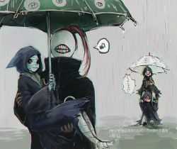 Rule 34 | 1girl, 3boys, bandaged head, bandages, bin brothers (tokyo ghoul), black cloak, brothers, brown hair, carrying, cloak, commentary request, eto (tokyo ghoul), from side, holding, holding person, holding umbrella, hood, hood up, long hair, long sleeves, looking at another, mask, multiple boys, noro (tokyo ghoul), on shoulder, ponytail, princess carry, rain, red eyes, siblings, sitting, speech bubble, straw like, teeth print, tokyo ghoul, torn clothes, translation request, umbrella