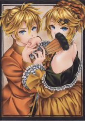 Rule 34 | 1boy, 1girl, aku no meshitsukai (vocaloid), aku no musume (vocaloid), allen avadonia, back, bad id, bad pixiv id, bare shoulders, black flower, black rose, blonde hair, blue eyes, bow, brother and sister, choker, colored pencil (medium), ascot, dress, earrings, evillious nendaiki, hand fan, flower, frilled dress, frilled sleeves, frills, hair bow, hair ornament, hairclip, kissing hand, hetero, highres, hand grab, jewelry, kagamine len, kagamine rin, kiss, looking at viewer, maitamu, nail polish, necklace, pearl necklace, ribbon choker, riliane lucifen d&#039;autriche, rose, short hair, short ponytail, siblings, signature, traditional media, twins, updo, vocaloid, yellow flower, yellow nails, yellow rose