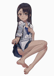 Rule 34 | 1girl, :p, absurdres, bad id, bad pixiv id, bare legs, barefoot, black hair, breasts, brown eyes, chinese commentary, clothes lift, clothes pull, collarbone, commentary request, earclip, feet, hair between eyes, hair ornament, hairclip, highres, ijiranaide nagatoro-san, long hair, looking at viewer, max-k, nagatoro hayase, nail polish, one-piece swimsuit pull, one-piece tan, red nails, school uniform, shirt, simple background, sitting, skirt, skirt lift, small breasts, smile, soles, solo, swimsuit, swimsuit under clothes, tan, tanline, tanline peek, toenail polish, toenails, toes, tongue, tongue out, white shirt