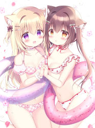 Rule 34 | 2girls, :d, :o, animal ear fluff, animal ears, azumi kazuki, bare shoulders, bikini, blonde hair, blush, bow, breasts, brown eyes, brown hair, cherry hair ornament, cherry print, cleavage, collarbone, commentary request, detached sleeves, fang, floral background, food-themed hair ornament, food print, frilled bikini, frills, hair between eyes, hair bow, hair intakes, hair ornament, highres, holding hands, long hair, looking at viewer, multiple girls, open mouth, original, parted lips, pink sleeves, plaid, plaid bikini, print bikini, puffy short sleeves, puffy sleeves, purple eyes, short sleeves, simple background, small breasts, smile, swimsuit, twintails, two side up, very long hair, water drop, white background, white bikini, white bow, wrist cuffs