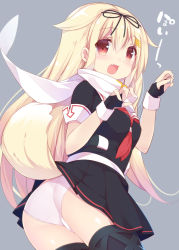 Rule 34 | 10s, 1girl, ass, blonde hair, claw pose, dog tail, fang, fingerless gloves, from behind, gloves, hair flaps, hair ornament, hairclip, kantai collection, kemonomimi mode, long hair, looking back, open mouth, panties, paw pose, red eyes, ribbon, scarf, school uniform, serafuku, shirt, skirt, smile, solo, tail, thighhighs, underwear, watanon (gakushokutei), white panties, yuudachi (kancolle), yuudachi kai ni (kancolle)
