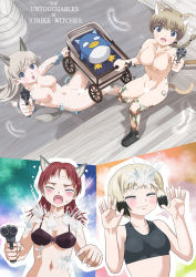 Rule 34 | 4girls, animal ears, bird, black bra, blonde hair, blue eyes, blush, bra, braid, braided ponytail, breasts, brown hair, cat ears, cat tail, cleavage, dissolving clothes, dog ears, eila ilmatar juutilainen, erica hartmann, closed eyes, fox ears, fox tail, gun, highres, hosoinogarou, large breasts, long hair, lynette bishop, military, military uniform, minna-dietlinde wilcke, multiple girls, nude, open mouth, red hair, short hair, small breasts, strike witches, tail, the untouchables, underwear, uniform, weapon, white bra, world witches series