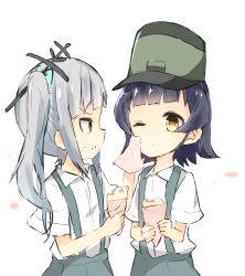 Rule 34 | 10s, 2girls, arare (kancolle), black hair, bow, cleaning face, collared shirt, dai yamaimo, food, food on face, hair bow, hair ornament, hat, holding, ice cream, ice cream cone, kantai collection, kasumi (kancolle), long hair, multiple girls, napkin, one eye closed, ooyama imo, shirt, short hair, short sleeves, side ponytail, silver hair, skirt, suspenders, wiping face, yellow eyes