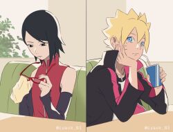 Rule 34 | 1boy, 1girl, black eyes, black hair, black jacket, black sleeves, blonde hair, blue eyes, boruto: naruto next generations, cleaning glasses, cubur ns, cup, detached sleeves, disposable cup, facial mark, fingernails, glasses, hashtag only commentary, head rest, holding, holding cup, holding removed eyewear, jacket, jewelry, looking at another, naruto (series), necklace, red-framed eyewear, short hair, spiked hair, table, twitter username, uchiha sarada, unworn eyewear, uzumaki boruto
