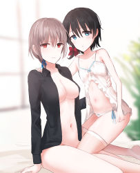 Rule 34 | 2girls, babydoll, bad id, bad pixiv id, bare arms, bare shoulders, black hair, black shirt, blue eyes, blue ribbon, blurry, blurry background, blush, bottomless, bow, bow panties, breasts, brown hair, brown legwear, chihuri, cleavage, closed mouth, collarbone, collared shirt, depth of field, dress shirt, groin, hair between eyes, hair bow, hair ribbon, kneeling, medium breasts, multiple girls, navel, no shoes, open clothes, open shirt, original, panties, red bow, red eyes, ribbon, shirt, side-tie panties, sitting, thighhighs, underwear, underwear only, white babydoll, white panties, window