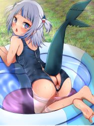 Rule 34 | 1girl, ass, bare shoulders, blue eyes, blue hair, blush, cleft of venus, feet, fins, fish tail, from behind, gawr gura, highres, hololive, hololive english, kiyosuke r18, looking back, multicolored hair, open mouth, outdoors, pool, pussy, shark tail, shiny skin, soles, solo, streaked hair, swimsuit, tail, virtual youtuber, wet, white hair