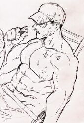 Rule 34 | 1boy, abs, bara, baseball cap, billy russell (dickfish), dickfish (fishismdick), facial hair, glasses, hat, highres, large pectorals, male focus, male swimwear, mature male, monochrome, muscular, muscular male, mustache, navel, navel hair, nipples, original, pectorals, scan, scar, short hair, sideburns, sketch, solo, stomach, swim trunks, swimsuit, topless male, traditional media, wet