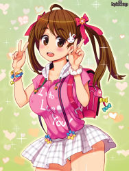 Rule 34 | 1girl, ahoge, backpack, bag, blush, bow, bracelet, brown eyes, brown hair, clothes writing, copyright name, covered erect nipples, cowboy shot, double v, hair bow, heart, heart background, heart print, jewelry, charm (object), logo, long hair, looking at viewer, non-web source, official art, open mouth, outline, panties, panty peek, plaid, plaid skirt, psychic hearts, randoseru, round teeth, ryoji (nomura ryouji), scrunchie, short sleeves, skirt, solo, sparkle, suspenders, teeth, twintails, underwear, v, wrist scrunchie