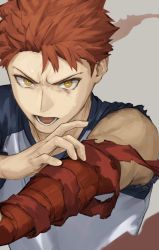 Rule 34 | 1boy, bandaged arm, bandages, bare shoulders, emiya shirou, fate/stay night, fate (series), fingernails, grey background, heaven&#039;s feel, kouzuki kei, lower teeth only, male focus, open mouth, orange hair, simple background, solo, sweat, teeth, tongue, torn clothes, upper body, yellow eyes