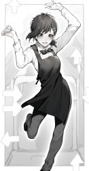 Rule 34 | 1girl, absurdres, apron, arms up, arrow (symbol), black bow, black bowtie, black hair, bow, bowtie, chainsaw man, crying, dance pad, dancing, formal, greyscale, hair ornament, hair strand, hairclip, higashiyama kobeni, highres, leg up, long sleeves, looking down, medium hair, messy hair, mole, mole under eye, mole under mouth, monochrome, open mouth, outside border, pants, raised eyebrows, shirt, shoes, short hair, short ponytail, solo, st (youx1119), standing, tears, white shirt
