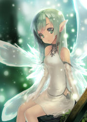 Rule 34 | 1girl, :o, bare shoulders, blunt bangs, blurry, blurry background, breasts, commentary request, dark-skinned female, dark skin, dress, elbow gloves, eyelashes, fairy, fairy wings, gloves, glowing, glowing wings, green eyes, green hair, leaf, light particles, long hair, looking at viewer, original, outdoors, parted lips, pointy ears, ritsuki, sitting, sleeveless, sleeveless dress, small breasts, solo, thighhighs, transparent wings, tree stump, very long hair, white dress, white gloves, white thighhighs, wings