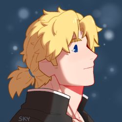 Rule 34 | 1boy, alternate costume, alternate hairstyle, blonde hair, blue eyes, boku no hero academia, casual, feraltintinsimp, from side, highres, light smile, male focus, parted bangs, portrait, short hair, solo, togata mirio