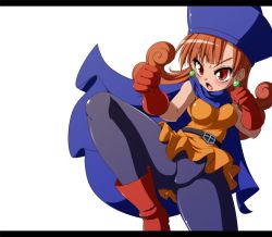 Rule 34 | 1girl, alena (dq4), bad id, bad pixiv id, boots, breasts, brown hair, cape, dragon quest, dragon quest iv, fighting stance, gloves, hat, letterboxed, long hair, open mouth, pantyhose, red eyes, red gloves, semikichi, simple background, solo, white background