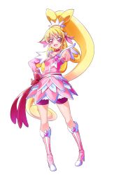 Rule 34 | 1girl, aida mana, bike shorts under skirt, blonde hair, boots, bow, brooch, commentary request, cure heart, dokidoki! precure, dress, earrings, full body, half updo, hand on own hip, heart, heart brooch, heart earrings, highres, jewelry, long hair, magical girl, pink dress, pink eyes, pink footwear, pink sleeves, pointing, pointing at viewer, precure, purple shorts, red bow, shorts, smile, solo, tirofinire, white background