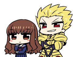 Rule 34 | &gt;:), 10s, 1boy, 1girl, armor, blonde hair, blue sailor collar, blue shirt, blue skirt, blush stickers, breastplate, brown eyes, brown hair, chan co, chibi, closed mouth, crossed arms, earrings, fate/extra, fate (series), faulds, gauntlets, gilgamesh (fate), grin, hand on own chin, jewelry, kishinami hakuno (female), long hair, long sleeves, looking at viewer, pauldrons, pleated skirt, red eyes, red neckwear, sailor collar, school uniform, serafuku, shirt, shoulder armor, simple background, skirt, smile, spiked hair, standing, v-shaped eyebrows, white background