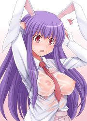 Rule 34 | 1girl, ^^^, amane hasuhito, animal ears, arms up, bad id, bad pixiv id, between breasts, blush, breasts, dress shirt, female focus, impossible clothes, impossible shirt, long hair, necktie, nipples, no bra, open mouth, pink eyes, purple hair, rabbit ears, red eyes, red necktie, reisen udongein inaba, see-through, shirt, skirt, solo, surprised, touhou, upper body, wet, wet clothes, wet shirt, white shirt