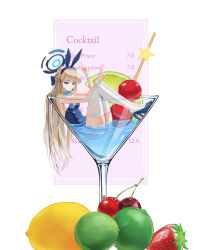 Rule 34 | 1girl, absurdres, alcohol, animal ears, aqua bow, aqua bowtie, backless leotard, blonde hair, blue archive, blue bow, blue eyes, blue footwear, blue halo, blue leotard, blunt bangs, bow, bowtie, braid, breasts, cherry, cocktail glass, cup, detached collar, double v, drinking glass, dudwns, earpiece, expressionless, fake animal ears, food, fruit, hair bow, hair intakes, half up braid, halo, high heels, highres, knees up, lemon, lemon slice, leotard, long hair, looking at viewer, medium breasts, mini person, minigirl, multicolored hair, official alternate costume, playboy bunny, rabbit ears, sideboob, sidelocks, simple background, sitting on liquid, strapless, strapless leotard, strawberry, streaked hair, text background, thighhighs, toki (blue archive), toki (bunny) (blue archive), tsurime, v, very long hair, white background, white thighhighs, wrist cuffs