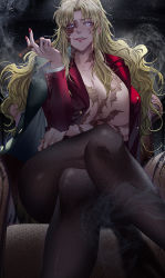 Rule 34 | 1girl, balalaika (black lagoon), black lagoon, blonde hair, breast hold, breasts, chair, cigar, cleavage, commentary, crossed legs, epaulettes, eyebrows hidden by hair, film grain, grey eyes, hand up, highres, huge breasts, jacket, jacket on shoulders, lipstick, long hair, long sleeves, looking at viewer, makeup, march ab, military jacket, no bra, open clothes, open jacket, pantyhose, red jacket, scar, scar across eye, scar on chest, scar on face, sidelocks, sitting, smirk, smoke, solo