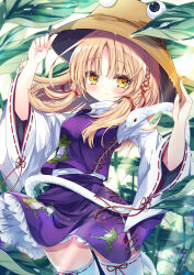 1girl absurdres blonde_hair blush breasts brown_hat closed_mouth commentary_request cowboy_shot day dew_drop frilled_skirt frills hair_ribbon hands_on_headwear hat highres kasane_(cynthia) long_hair moriya_suwako outdoors parted_bangs purple_skirt purple_vest red_ribbon ribbon ribbon-trimmed_sleeves ribbon-trimmed_thighhighs ribbon_trim shirt skirt small_breasts smile snake solo thighhighs touhou vest water_drop white_shirt white_snake white_thighhighs wide_sleeves yellow_eyes