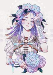 Rule 34 | 1girl, absurdres, akiakane, arm ribbon, bead necklace, beads, blue flower, bouquet, braid, chest belt, closed mouth, collared jacket, colorful, cropped jacket, detached sleeves, expressionless, flower, flower on face, hair flower, hair ornament, hand to head, highres, holding, holding bouquet, jacket, jewelry, leaf hair ornament, multicolored eyes, multiple hairpins, necklace, original, purple flower, purple hair, ribbon, short sleeves, sideways glance, solo, swept bangs, upper body, white jacket