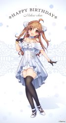 Rule 34 | 1girl, absurdres, ahoge, black gloves, black thighhighs, bracelet, breasts, brown eyes, brown hair, character name, choker, cleavage, dress, earrings, floral print, four-leaf clover earrings, full body, gloves, hair ornament, hairclip, happy birthday, heart, heart hair ornament, highres, inoue sora, jewelry, lips, long hair, looking at viewer, midori-chan (myslot), myslot, necklace, open mouth, pearl necklace, smile, solo, standing, thighhighs, two side up, white dress, white footwear