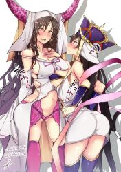 Rule 34 | 10s, 2girls, artist request, ass, bare shoulders, beads, black hair, blush, breasts, brown eyes, brown hair, cleavage, dated, detached sleeves, earrings, facial mark, fate/extra, fate/extra ccc, fate/grand order, fate (series), forehead mark, hat, horns, jewelry, large breasts, long hair, multiple girls, navel, panties, purple legwear, purple panties, rib:y(uhki), ring, sessyoin kiara, shiny skin, signature, smile, thighhighs, underwear, very long hair, xuangzang sanzang (fate), yellow eyes