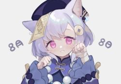 Rule 34 | 1girl, 750x077, animal ears, bandages, bead necklace, beads, blush, cat ears, coin hair ornament, commentary, genshin impact, grey background, hair ornament, hat, highres, jewelry, long hair, looking at viewer, necklace, ofuda, ofuda on head, open mouth, paw pose, purple eyes, purple hair, purple hat, qingdai guanmao, qiqi (genshin impact), simple background, solo, talisman, twitter username, upper body, vision (genshin impact)