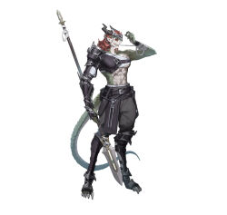 Rule 34 | 1boy, alternate costume, arm wrap, armor, belt, belt pouch, black belt, black sash, chest guard, circlet, claws, colored sclera, dagger, full body, greaves, green scales, grey pants, grin, hand up, highres, holding, holding polearm, holding weapon, horn ornament, horns, identity v, knife, knife sheath, lizard tail, luchino (identity v), majimaji studio, male focus, medium hair, monster boy, mouth hold, pants, pauldrons, pectorals, pointy ears, polearm, poleyn, pouch, profile, red eyes, red hair, reptile boy, sash, scar, scar on chest, sharp teeth, sheath, shoulder armor, simple background, single pauldron, single vambrace, smile, solo, spear, standing, tail, teeth, topless male, vambraces, wavy hair, weapon, white background, yellow sclera