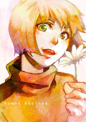 Rule 34 | 10s, 1girl, blonde hair, bruce lee&#039;s jumpsuit, female focus, flower, gradient background, green eyes, huang baoling, makoto1009, open mouth, plant, short hair, solo, tiger &amp; bunny