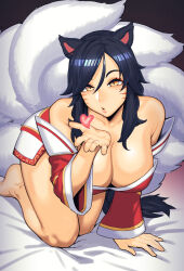 Rule 34 | 1girl, :o, ahri (league of legends), all fours, animal ears, bare shoulders, barefoot, black hair, blowing kiss, breasts, collarbone, dress, dyun, facial mark, fox ears, fox girl, fox tail, full body, heart, highres, kitsune, kyuubi, large breasts, league of legends, long hair, looking at viewer, multiple tails, open hand, parted lips, red dress, short dress, sidelocks, solo, tail, whisker markings, yellow eyes