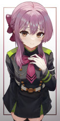 Rule 34 | 1girl, absurdres, belt, black thighhighs, blush, bow, bow-shaped hair, bowtie, braid, brown eyes, buttons, closed mouth, collared jacket, french braid, gloves, hair between eyes, hair bow, hair ribbon, hand on own chest, highres, hiiragi shinoa, jacket, legs together, long sleeves, looking at viewer, military, military uniform, mrr 05, necktie, owari no seraph, purple bow, purple hair, purple neckwear, ribbon, sidelocks, smile, solo, standing, thighhighs, uniform, upper body, white belt, white gloves, zettai ryouiki