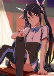 Rule 34 | 1girl, black hair, black skirt, black thighhighs, blue bow, blue bowtie, blurry, blurry background, bow, bowtie, closed mouth, collared shirt, crossed legs, dress shirt, flat chest, hair between eyes, hair bow, hand on own knee, high-waist skirt, highres, leaning back, long hair, looking at viewer, miniskirt, ore twintail ni narimasu, red eyes, school uniform, shirt, short sleeves, sitting, skirt, smile, solo, thighhighs, tsube aika, twintails, v, very long hair, white bow, white shirt, wing collar, yogetsu high school uniform, yuto (dialique), zettai ryouiki