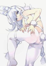 Rule 34 | 1girl, absurdres, animal ear fluff, animal ears, ass, azur lane, blue eyes, braid, breasts, fake animal ears, feet, from behind, grey background, hand on own ass, hand on own thigh, highres, kneepits, le malin (azur lane), le malin (listless lapin) (azur lane), leg lift, leg up, legs, leotard, long hair, looking at viewer, looking back, mo (this-is-mo), no shoes, official alternate costume, pantyhose, rabbit tail, silver hair, simple background, small breasts, soles, solo, standing, standing on one leg, tail, thigh strap, thighs, twin braids, twintails, very long hair, white leotard, white pantyhose