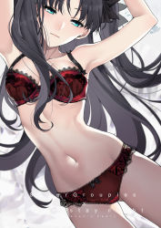 Rule 34 | 1girl, armpits, arms up, bare shoulders, black hair, black ribbon, blue eyes, blush, bra, breasts, closed mouth, collarbone, fate/stay night, fate (series), gluteal fold, groin, hair ribbon, highres, lace, lace-trimmed bra, lace-trimmed panties, lace trim, lingerie, long hair, looking at viewer, medium breasts, navel, panties, red bra, red panties, ribbon, ribbon-trimmed bra, ribbon-trimmed panties, sidelocks, smile, solo, stomach, thighs, tohsaka rin, two side up, underwear, yaoshi jun