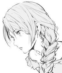 Rule 34 | 1girl, braid, close-up, commentary, enami katsumi, from side, greyscale, hair over shoulder, highres, lips, long hair, looking afar, monochrome, parted lips, profile, simple background, single braid, sketch, solo, white background