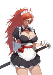 Rule 34 | 1girl, alternate costume, amputee, apron, baiken, black dress, bow, breasts, cleavage, cleavage cutout, clenched teeth, clothing cutout, commentary, cowboy shot, dress, english commentary, enmaided, eyepatch, frilled apron, frills, gloves, guilty gear, highres, jason kim, katana, large bow, large breasts, long hair, looking at viewer, maid, maid headdress, ponytail, puffy short sleeves, puffy sleeves, red eyes, red hair, rope, rope around waist, scar, scar across eye, scar on face, sheath, sheathed, short sleeves, simple background, solo, standing, sword, teeth, waist apron, weapon, white apron, white background, white bow, white gloves