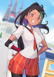 Rule 34 | 1girl, absurdres, backpack, bag, between breasts, black bag, black hair, blurry, blurry background, blush, breasts, collared shirt, commentary request, cowboy shot, creatures (company), day, freckles, game freak, green hair, grin, hands on own hips, highres, itou kazuki, medium breasts, multicolored hair, necktie, nemona (pokemon), nintendo, orange necktie, orange shorts, outdoors, pantyhose, pokemon, pokemon sv, ponytail, school uniform, shirt, shorts, sky, smile, solo, strap between breasts, teeth, two-tone hair, white shirt