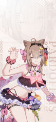 Rule 34 | 1girl, animal ears, bare legs, bare shoulders, blue eyes, breasts, cat ears, cat tail, character name, chinese commentary, food-themed hair ornament, hair ornament, highres, honkai (series), honkai impact 3rd, lemon hair ornament, looking at viewer, medium hair, midriff, nail polish, navel, official alternate costume, official art, official wallpaper, one eye closed, open hand, pardofelis (honkai impact), pink ribbon, ribbon, small breasts, smile, solo, tail, upper body